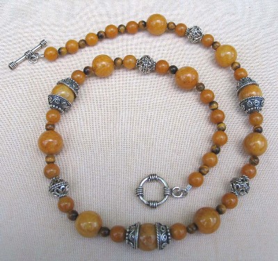 Golden Jade, Tiger's Eye and Bali Sterling Silver Necklace
