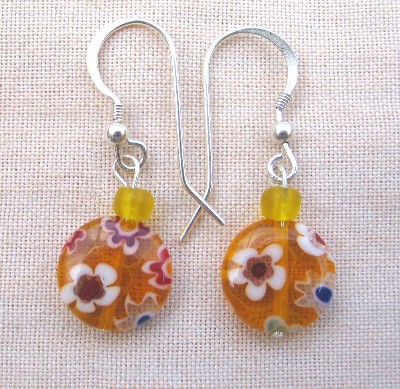 Millefiore Lampwork, Glass Seed Beads and Sterling Silver Earrings