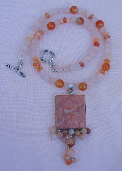 Rose Quartz, Carnelian and Agate and Sterling Silver Necklace
