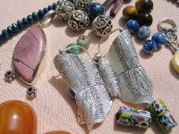 Hilltribe silver butterfly pendant, African millefiore trade beads,  Rhodochrosite pendant