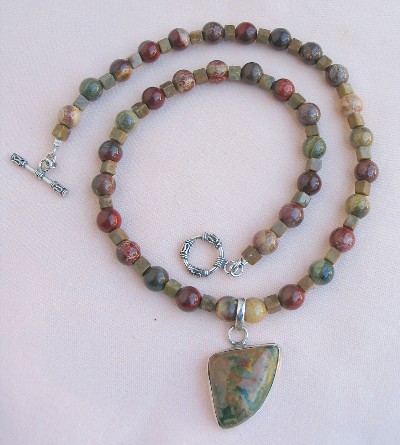 Mookaite, Petrified Wood and Jasper Sterling Silver Necklace