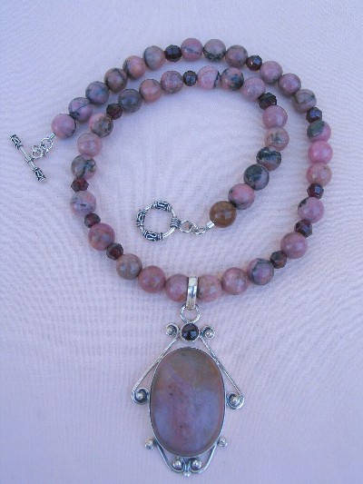 Rhodonite, Garnet and Sterling Silver Necklace