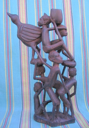 Makonde Carved "Ujamaa" Six Figures with Bird Sculpture
