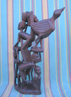 Makonde Carved "Ujamaa" Six Figures with Bird Sculpture