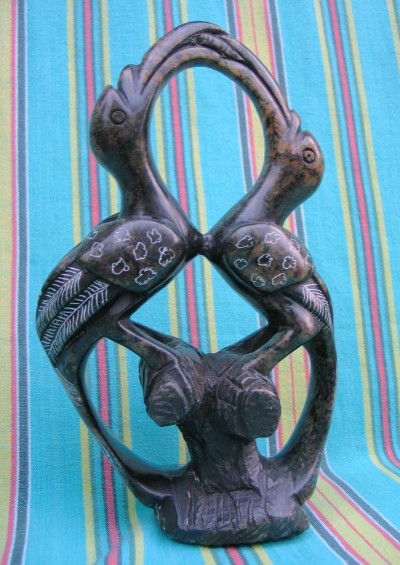 Shona Black Serpentine "Kissing Hornbills" Sculpture 