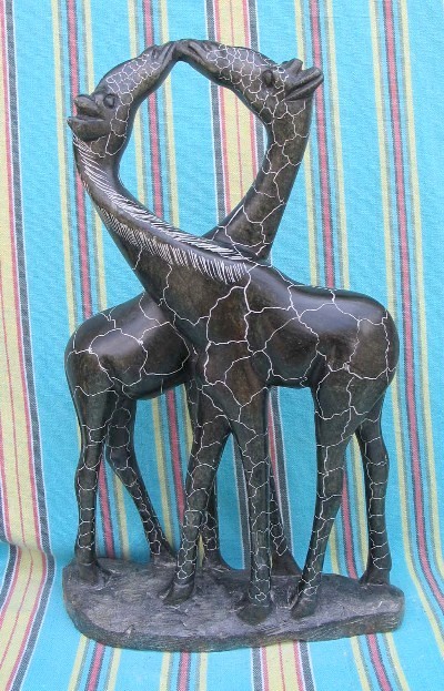Shona Black Serpentine "Kissing Giraffes" Sculpture